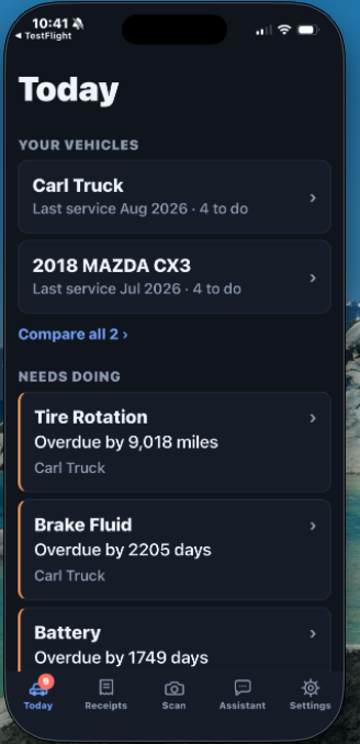 Vehicle Service Today screen showing vehicles and overdue maintenance items