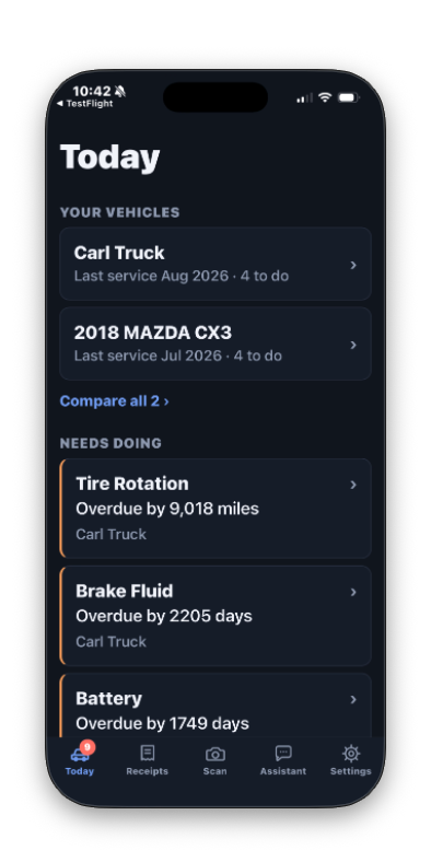 Vehicle Service Today screen with a single vehicle overview