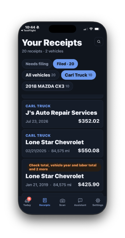 Vehicle Service Receipts screen showing filed service receipts