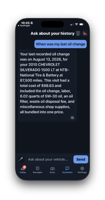 Vehicle Service app screen showing a vehicle detail view