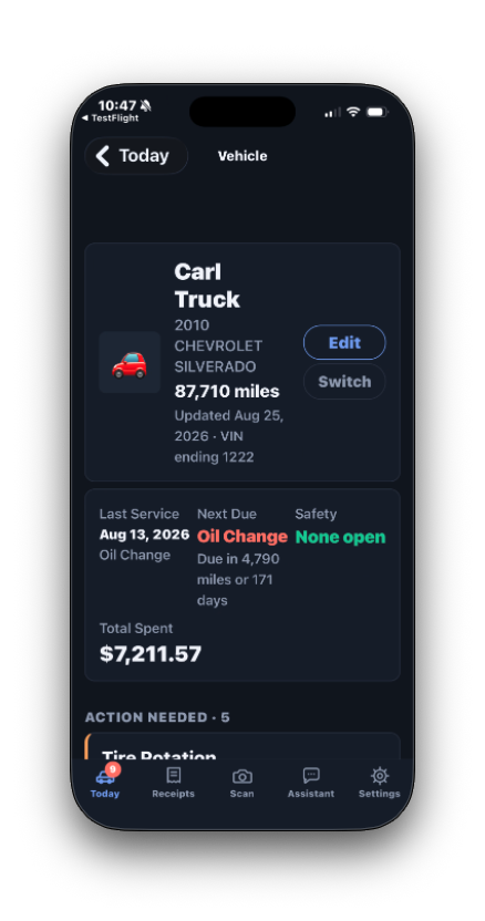 Vehicle Service app screen showing vehicle costs and analytics