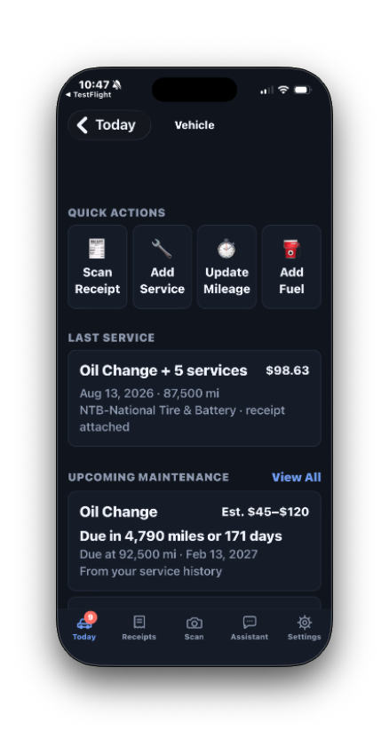 Vehicle Service app screen showing upcoming maintenance