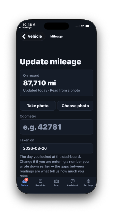 Vehicle Service app screen showing the vehicle assistant